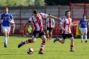 Rob Hopley shoots at goal during Witton Albion’s 2-0 victory against Whitby Town in a Northern Premier League Premier Division fixture at Wincham Park last weekend. Picture: Karl Brooks Photography