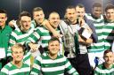 Northwich Victoria players celebrate their victory in the Cheshire FA Senior Cup final at Nantwich Town’s Weaver Stadium last week. Picture: PETER GRAY