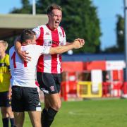Liam Goulding celebrates his winning goal against Gainsborough Trinity. Picture by Karl Brooks Photography