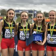 Cheshire under 15s girls’ cross country team. From left, Carys Roberts, Hope Smith, Holly Weedall and Grace Roberts. Picture: Chris Weedall