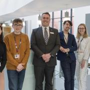 Principal Christopher Atherton and senior students from Sir John Deane's Sixth Form College (from left to right): Olivia Booth, Toby Doorbar, Junayd Malick, Wiktoria Maszorek, Sharon Fadipe-Davids