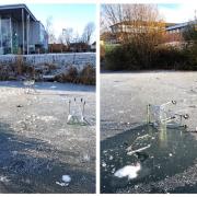 Supermarket trolleys thrown onto the frozen Wyvern House Pool