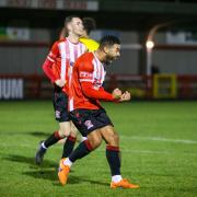 Kingsley Williams celebrates his goal for Witton Albion against Newcastle Town. Picture: Karl Brooks Photography
