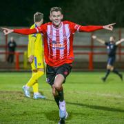 Elliot Rokka celebrates his first-half equaliser for Witton Albion against Bootle on Tuesday. Picture: Karl Brooks Photography