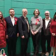 Labour councillors and candidates with leader Sam Corcoran at the Cheshire East election count