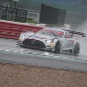 The spray from Ian Loggie's car shows the extent of the rainfall at Silverstone