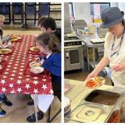 (Left): Pupils at Over Hall Primary enjoying roast gammon, roast potatoes, fresh vegetables and gravy, followed by  strawberry mousse (Right): Super-cook Jo Garstang giving Jamie Oliver a run for his money