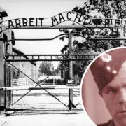 The main gate at Auschwitz and, inset, Arthur Dodd