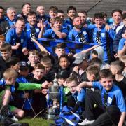 Winsford Town celebrate winning the Mid-Cheshire District Saturday Challenge Cup Final
