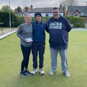 Comberbach mixed pairs winners Carly Williams and Owen Cookson alongside competition sponsor Paul Drinkwater