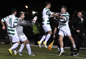 Northwich players celebrate Ryan Wade's equaliser in their derby duel with Chester. Picture: Nick Jones