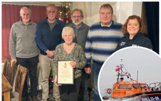 Connie Curzon (front centre) with fellow committee members (L to R): John Nattrass; Kevin Gleave; Bryan Hardy; chairman, Graham Humphries; and RNLI area coordinator, Sophie Wood