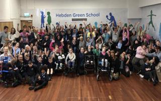 Staff and pupils at Hebden Green Community School celebrating their recent Outstanding Ofsted rating