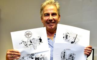David Yearsley with some of Bill Tidy's illustration's for his book Winding the Clock Back.