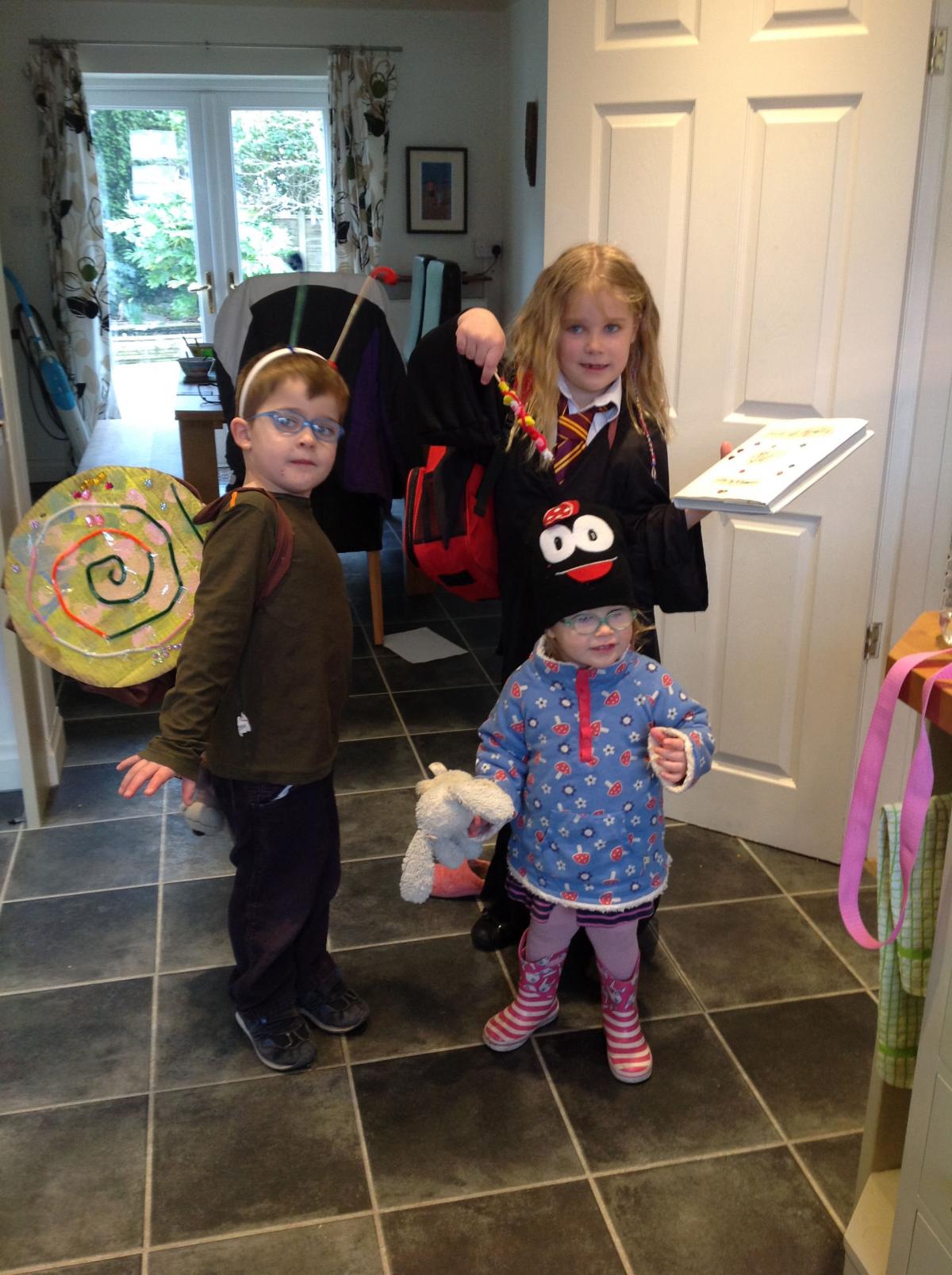 Alfie and Matilda Warren off to Goostrey Primary school- with little sister Poppy photobombing as Hermione and snail (from Snail and the Whale)