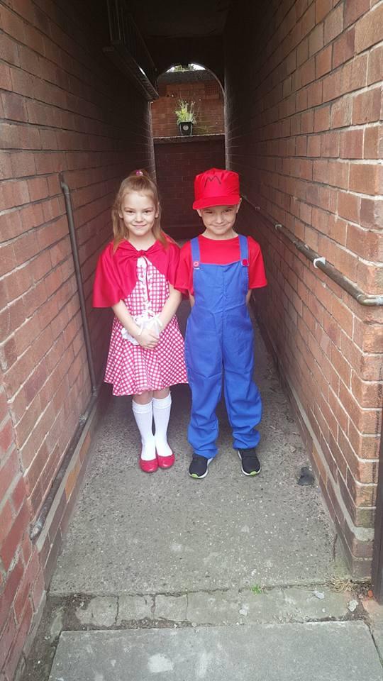 Millie age 8 as Little Red Riding Hood and Nathan age 6 as Super Mario from Barnton Community Primary School