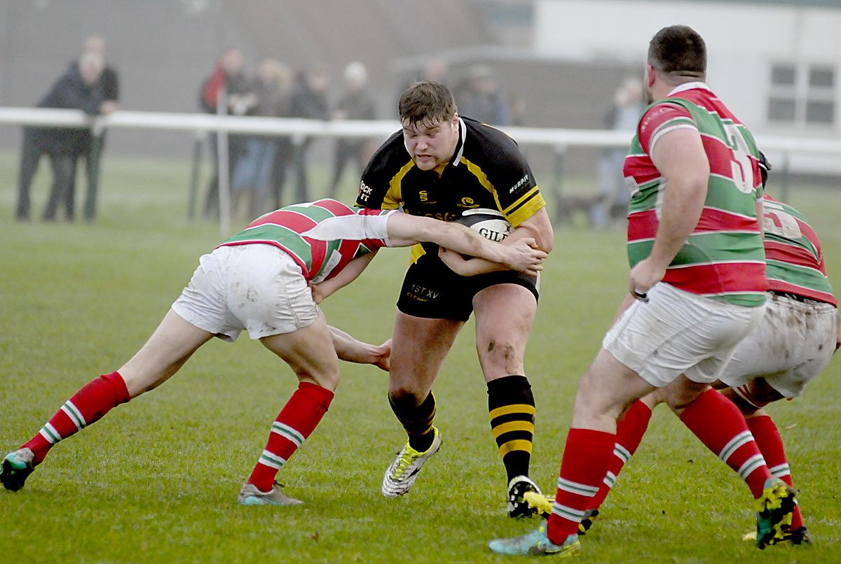 Northwich prop Callum Hulbert is stopped in his tracks during Blacks' away success on Saturday. Picture: Mike Boden