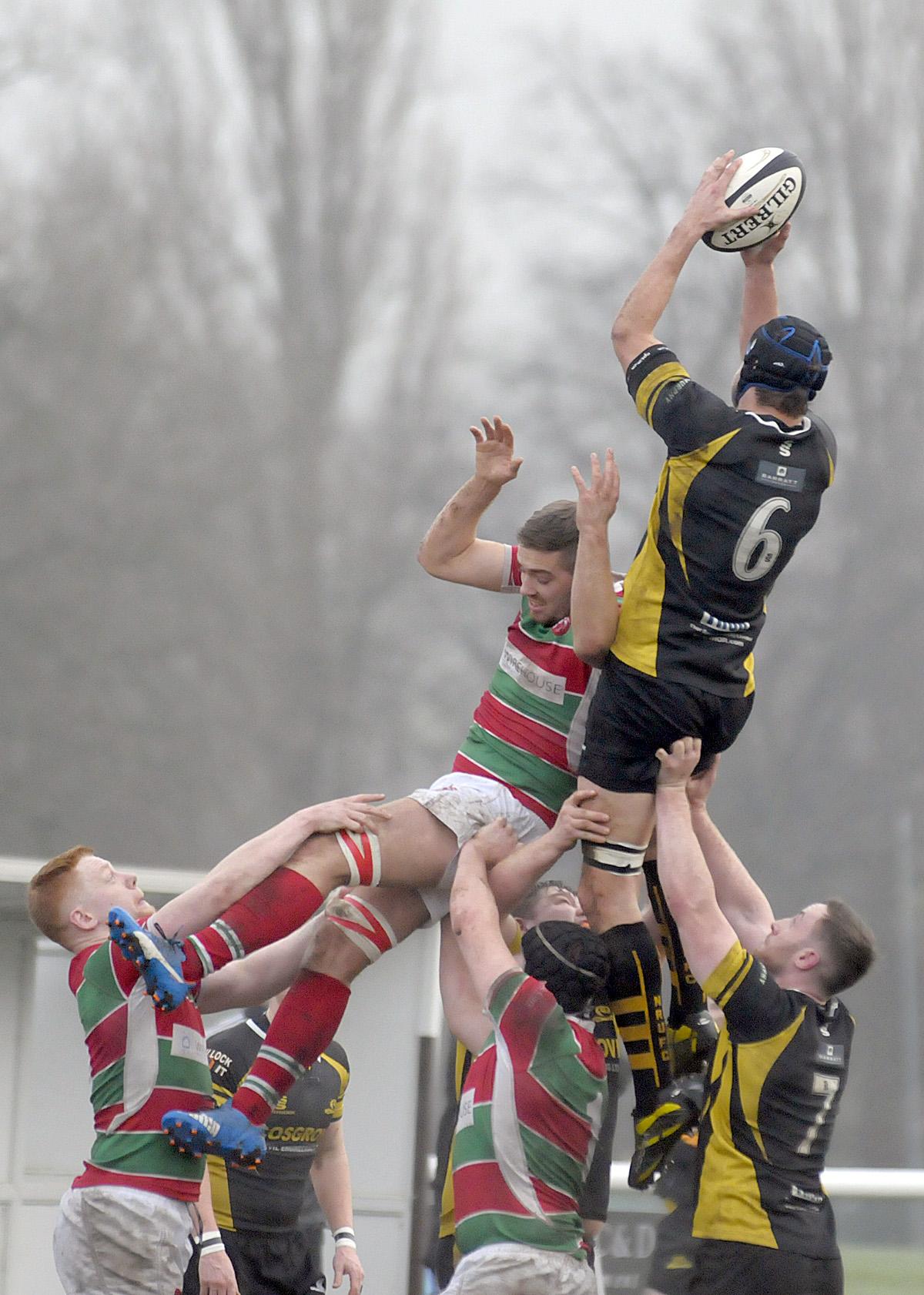 Chris Heywood claims the ball at a lineout for Northwich. Picture: Mike Boden