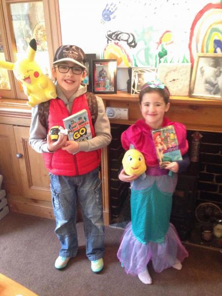 Isaac and Annabelle Hassell from Barnton primary school dressed as a pokemon trainer and the little mermaid