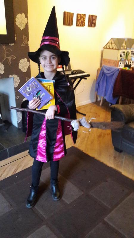 Sophie Brown already for world book day 2017 dressed up as Mildred Hubble from The Worst Witch.