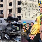Destruction in Kharkiv and, right, Kateryna and Anthony Clayton at a protest in Manchester (Ukrainian Emergency Service/AP/Jillian Clayton)