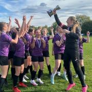 Winsford Academy's under 14s girls team celebrate winning the Cheshire Cup final