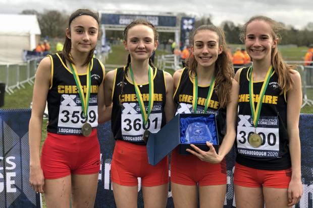 Cheshire under 15s girls’ cross country team. From left, Carys Roberts, Hope Smith, Holly Weedall and Grace Roberts. Picture: Chris Weedall