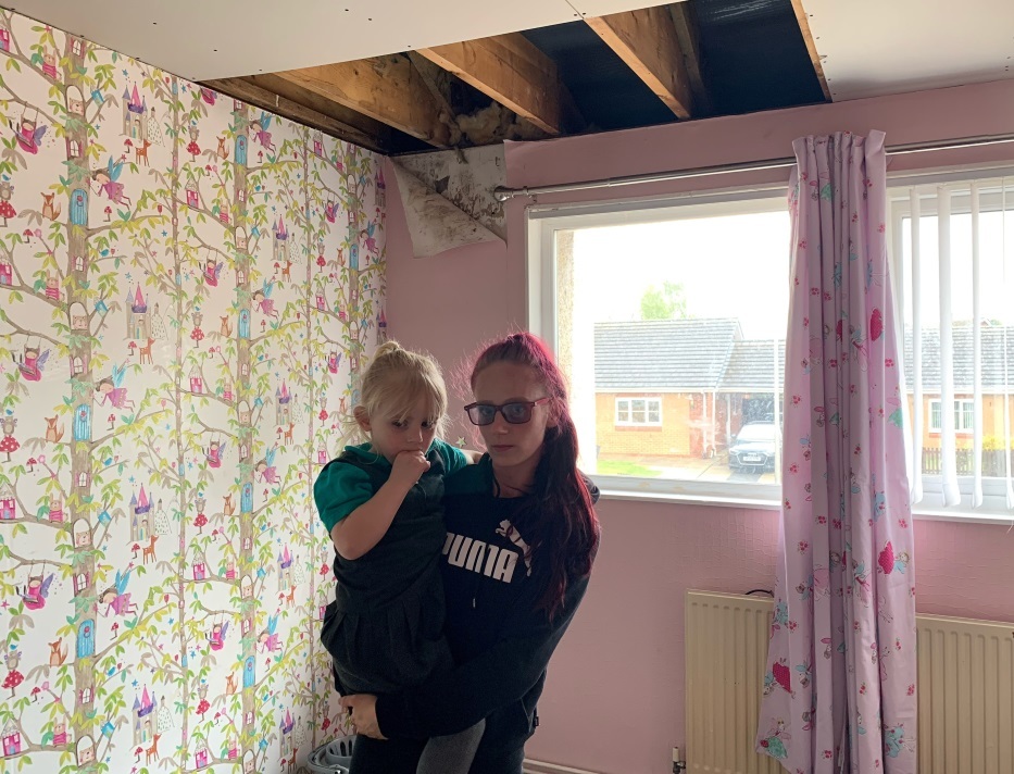 Hannah was left in tears after rain leaked through a hole in the roof of her home, damaging her childrens bedroom