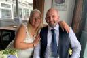 Alyson, 56 and James Townley at their wedding.    See SWNS story SWFTcurry. A groom saved his new bride's life on their honeymoon after she started choking on a chicken CURRY - then waved her off in an air ambulance. James Townley, 33, and wife Alyson