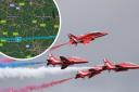 The Red Arrows will fly over Cheshire on August 11 (Picture: PA, inset: Military Airshows map)