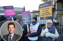 Members of the Royal College of Nursing (RCN) on a picket line and, inset, Edward Timpson MP