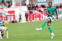 Kuda Chingwaro shoots and scores for Northwich Victoria against Ashton Athletic