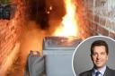A bin fire in Winsford and, inset, Edward Timpson MP