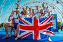 Tom Ford, front right, with the GB men's eight crew celebrating gold at the 2023 World Rowing Championships in Belgrade