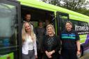 Passengers Sophie Kavanagh and partner Jerome, Lynne McKie and John Ellis-Jones from the council's transport team, with cabinet member for environment, transport and highways, Cllr Karen Shore, and itravel bus driver Becky Hamilton-Adams
