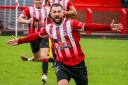 Connor Hughes celebrates scoring the late winner for Witton Albion against Widnes