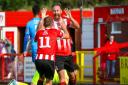 Celebrations after Tom Pope's goal for Witton Albion against Clitheroe