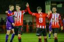 Elliot Rokka, left, celebrates scoring what proved to be Witton Albion's winner against City of Liverpool