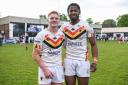 Mitch Souter (left) had every reason to be all smiles at full-time on Sunday, after playing a key role in Bulls' 38-12 win at Swinton.
