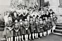 Castle Brownies and Guides outside the former United Reformed Church. This picture is thought to have been taken in the 1970s.