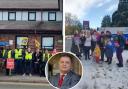 Strikers outside the jobcentre and the Victoria Infirmary in Northwich and, inset, Mike Amesbury MP