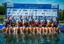 The gold medal winning Great Britain women's eight crew, with Emily Ford fourth from right