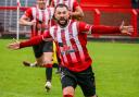 Connor Hughes celebrates scoring the late winner for Witton Albion against Widnes
