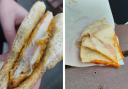 (Left): This raw chicken burger was served up to a Middlewich High pupil for lunch; (right) the school's 'pizza'