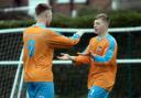 Jordan Cobley, left, and Leon Wright celebrate after a Barnton goal during their away victory at Ellesmere Rangers in the North West Counties League's First Division South. Picture: Robert Hardley