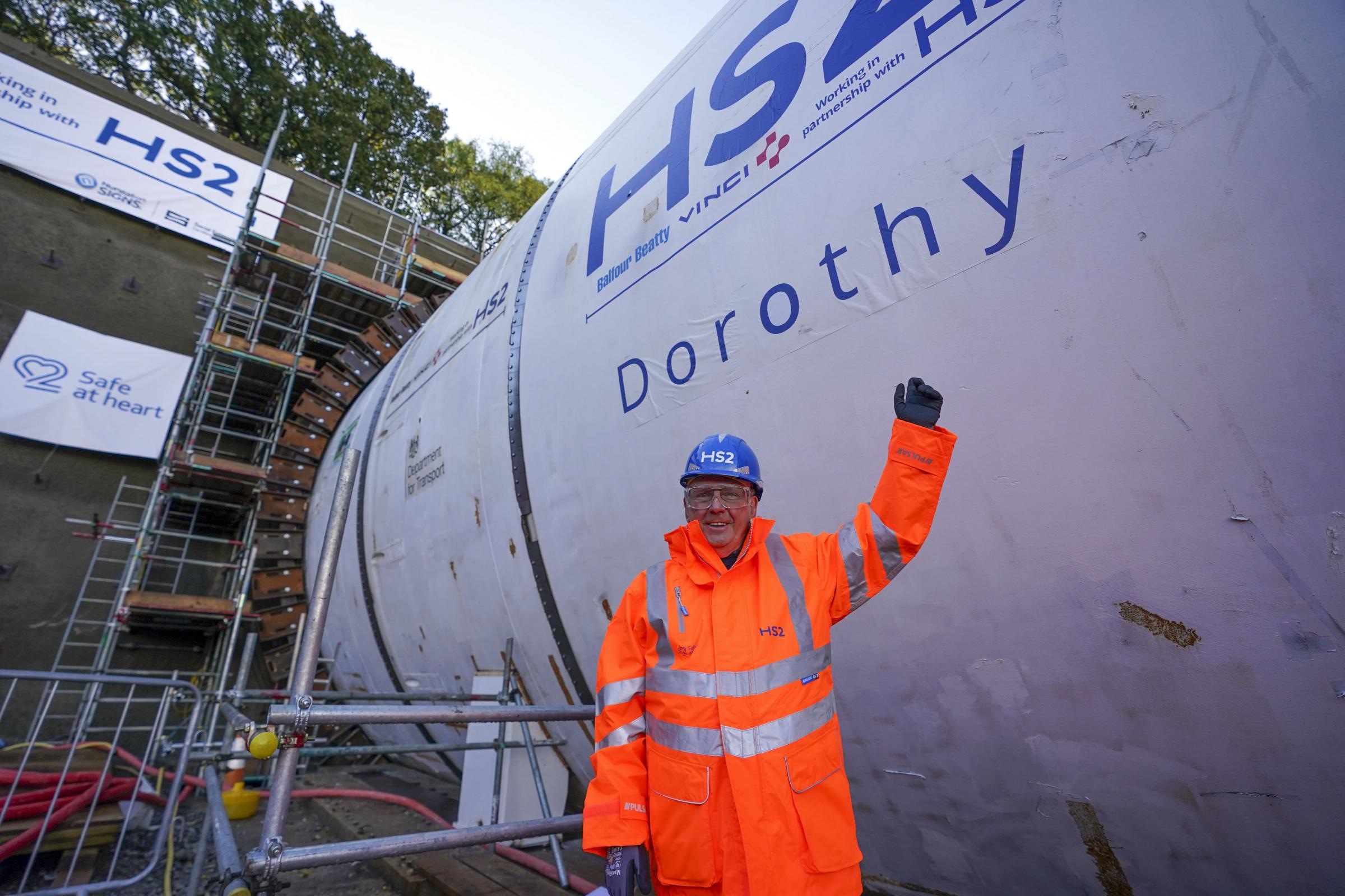 Pete Waterman at the unveiling of HS2s 2,000 tonne tunnel boring machine that will create a one-mile twin bore tunnel under Long Itchington Wood, Warwickshire. The machine has been named Dorothy, after Dorothy Hodgkin the first British woman to win the