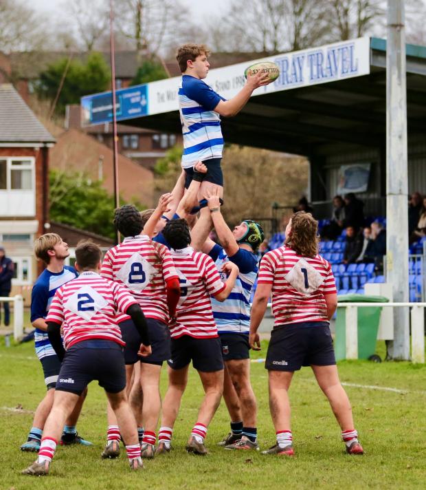 Northwich Guardian: Frank Gibbons winning lineout possession for Winnington Park senior colts against Manchester on Sunday