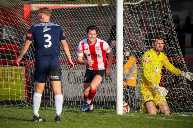 Callum Saunders celebrates his 15th goal of the season for Witton Albion against Scarborough Athletic. Picture: Karl Brooks Photography