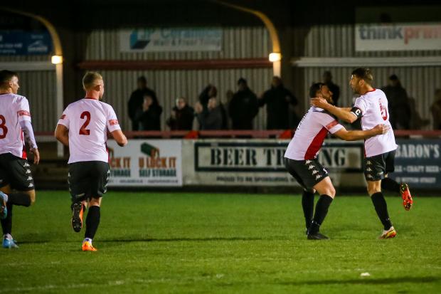 Northwich Guardian: Witton Albion celebrate Jim Lawrie's levelling free kick. Picture: Karl Brooks Photography