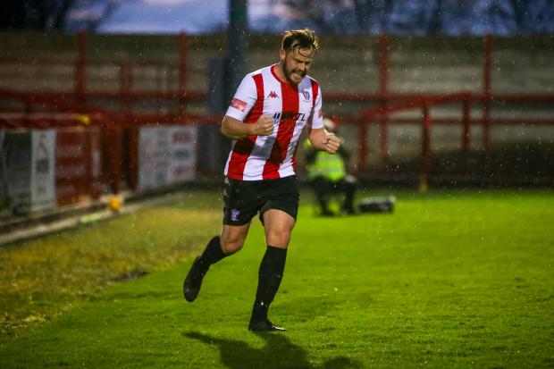 Northwich Guardian: IN SEQUENCE: Will Jones celebrating his opening strike for Witton Albion against Morpeth Town. Picture: Karl Brooks Photography